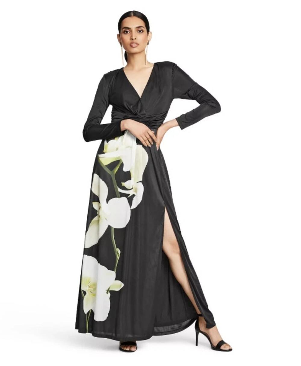 ALTUZARRA X TARGET Floral Print V-Neck Maxi Dress Size S Black Satin NEW